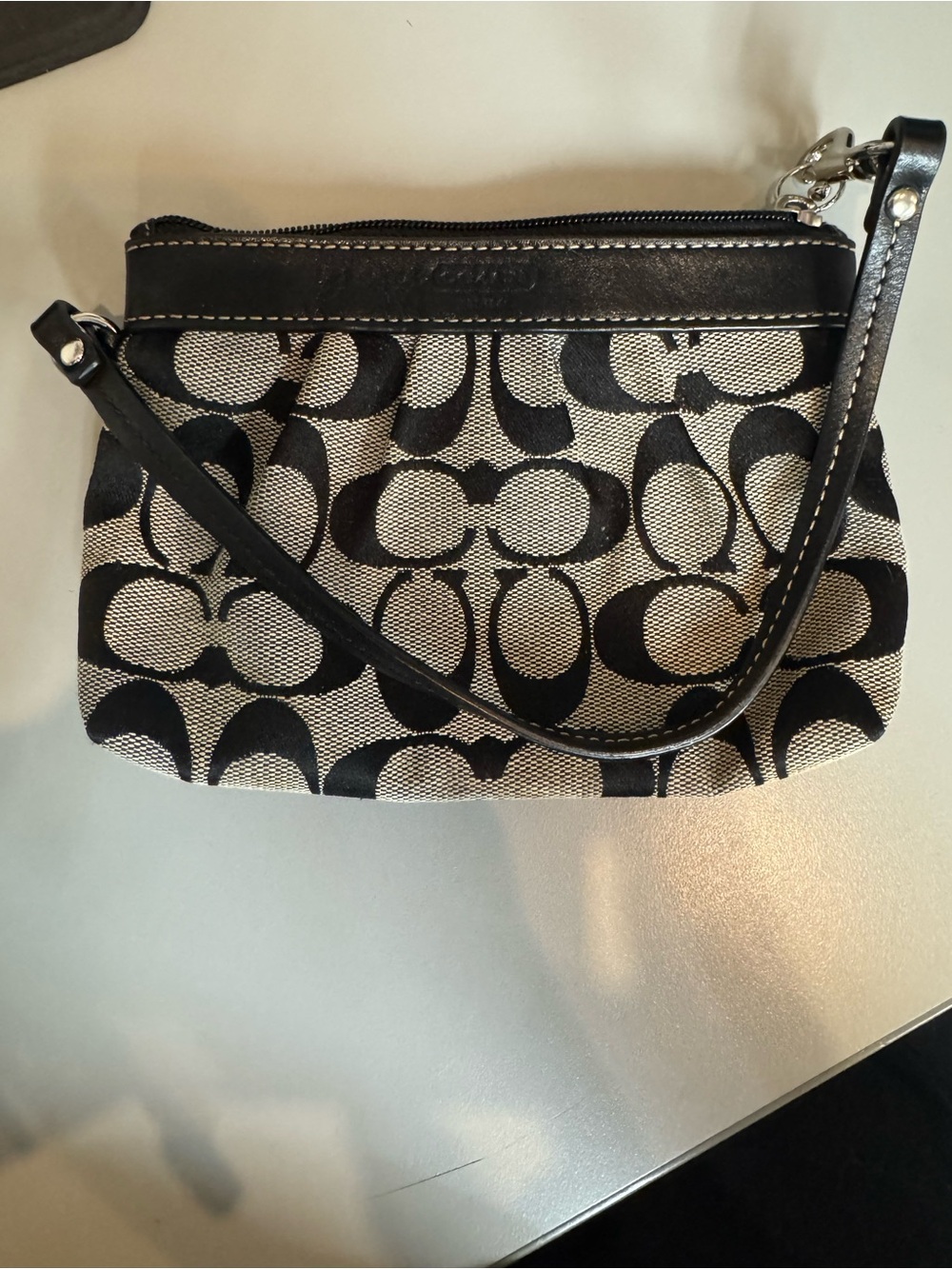 Coach Black and Cream Signature Canvas Wristlet